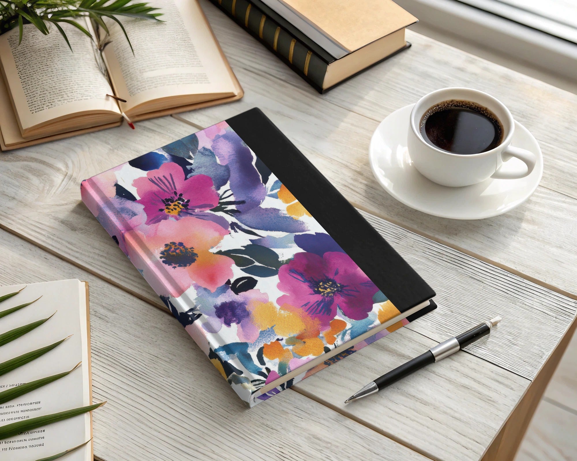 Elegant Floral Pattern Journal with Black Spine Notebook