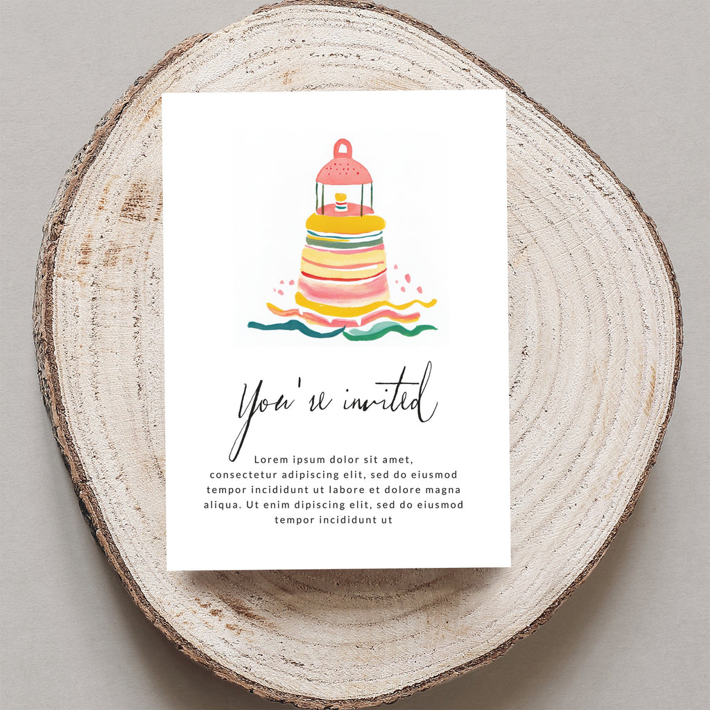 You're invited card with colorful lighthouse illustration and placeholder text.