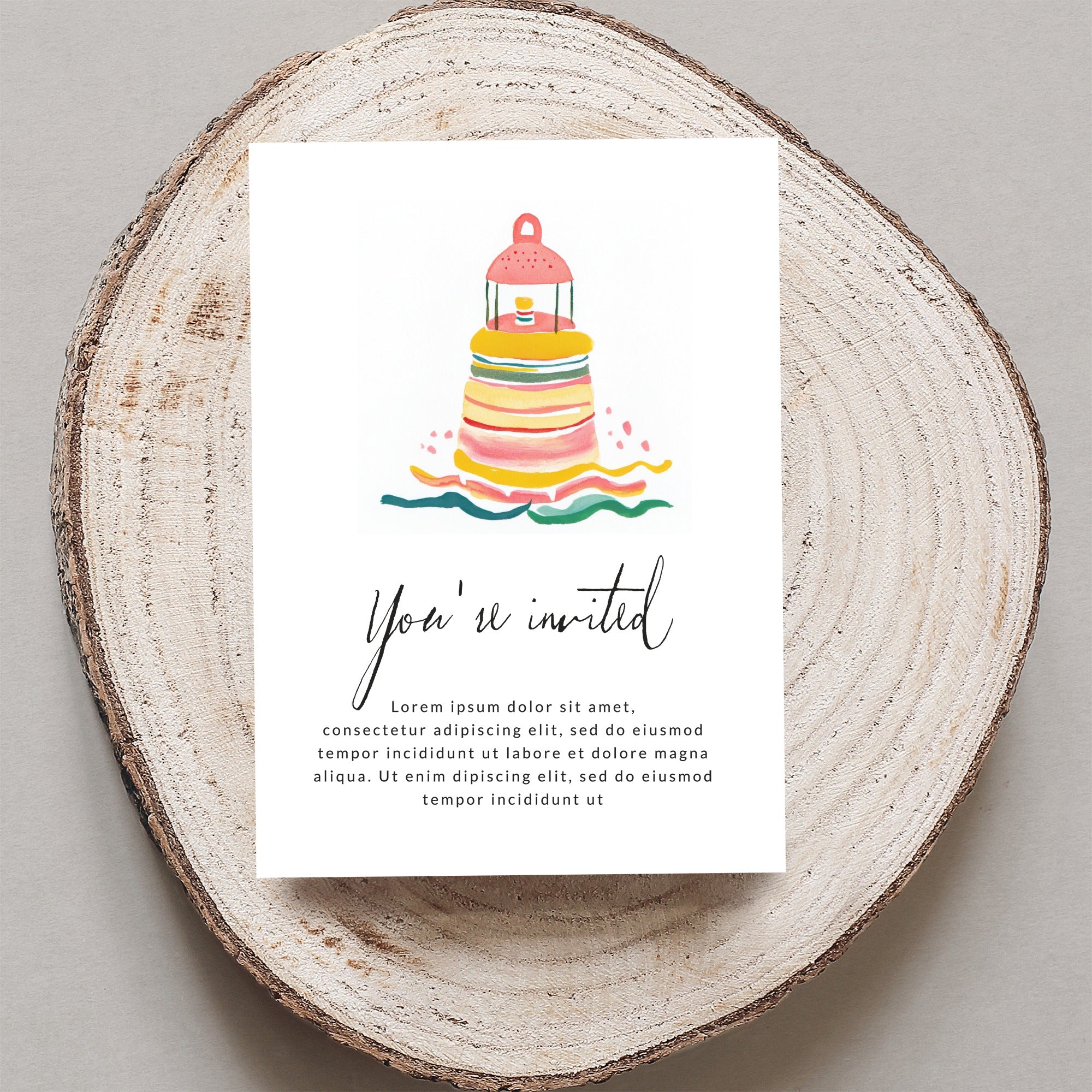 You're invited card with colorful lighthouse illustration and placeholder text.