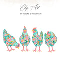 Four watercolor chickens adorned with floral patterns, "Clip Art by Moore & Mountain".