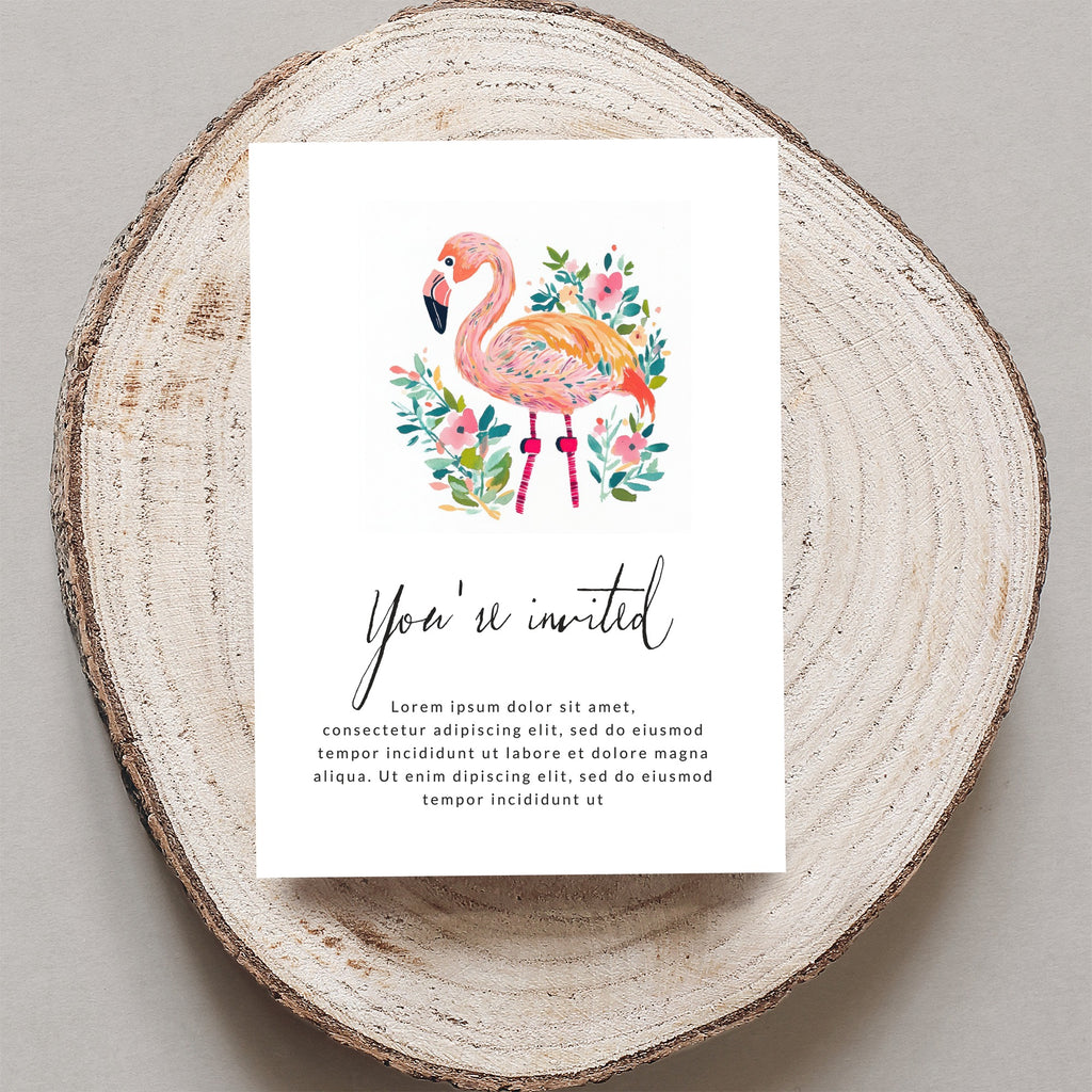 Flamingo invitation with "You're invited" and placeholder text.