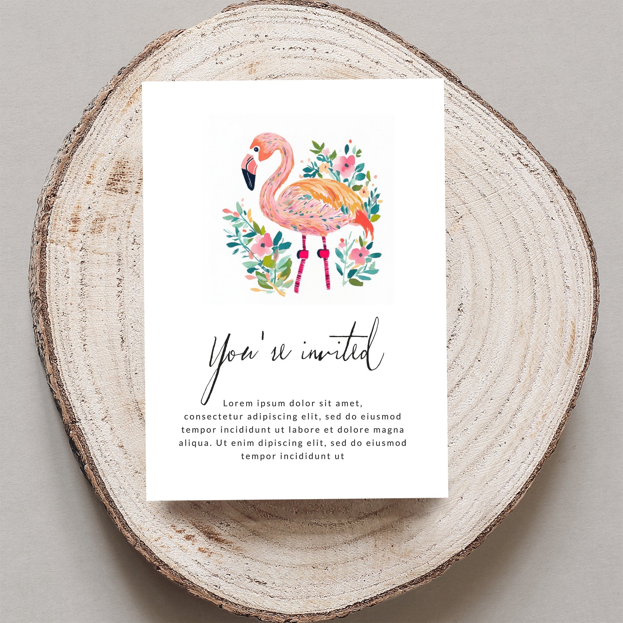 Flamingo invitation with "You're invited" and placeholder text.