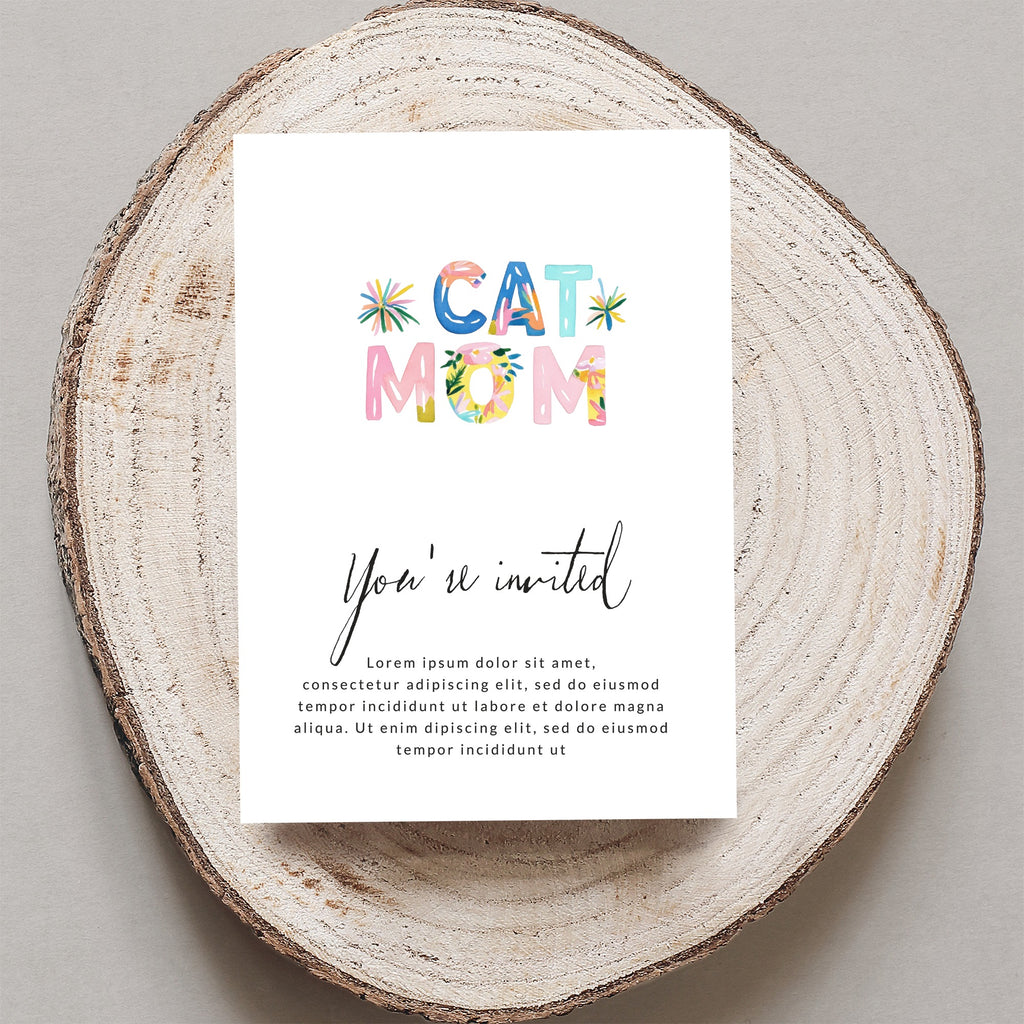 "Cat Mom" invitation with floral accents and placeholder text.