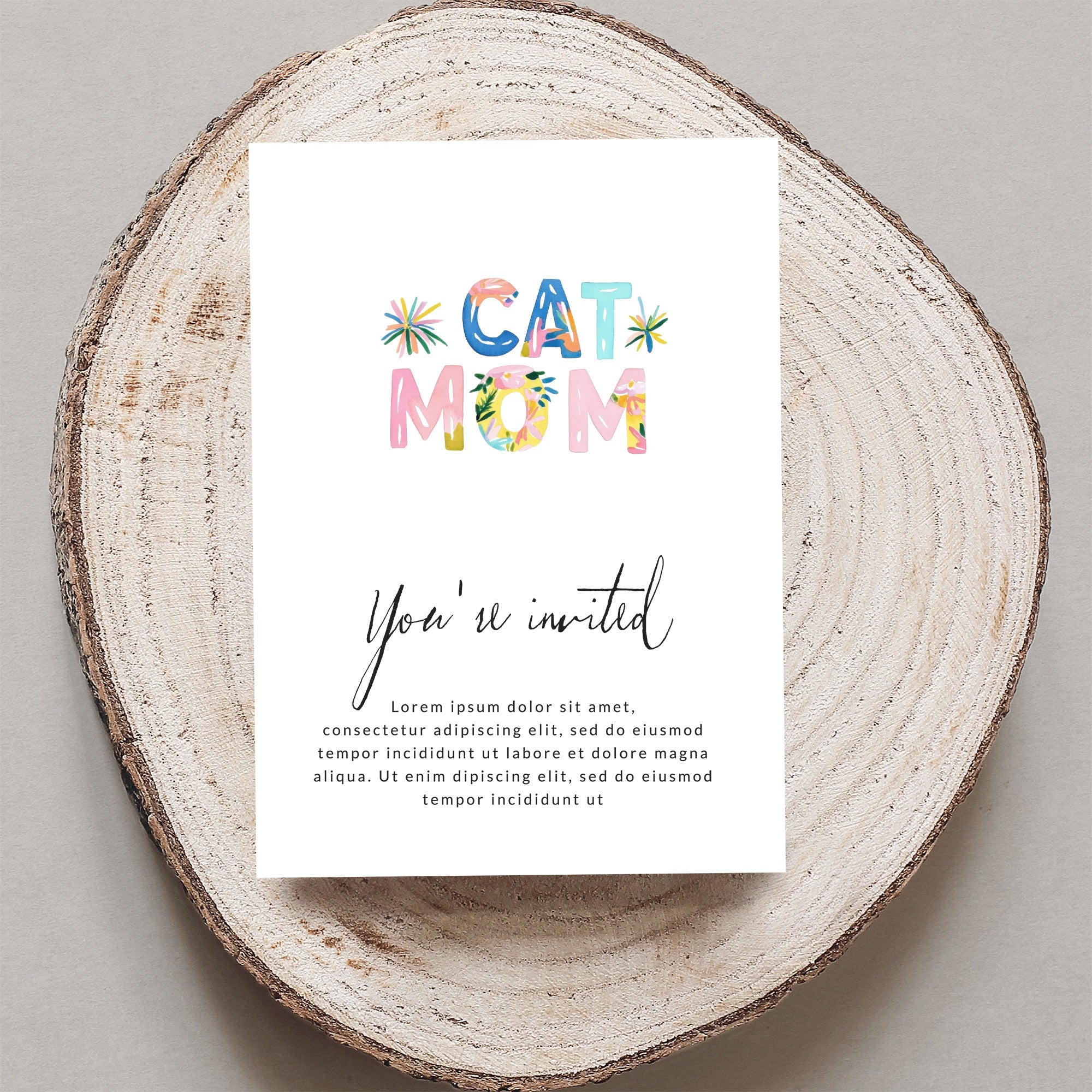 "Cat Mom" invitation with floral accents and placeholder text.