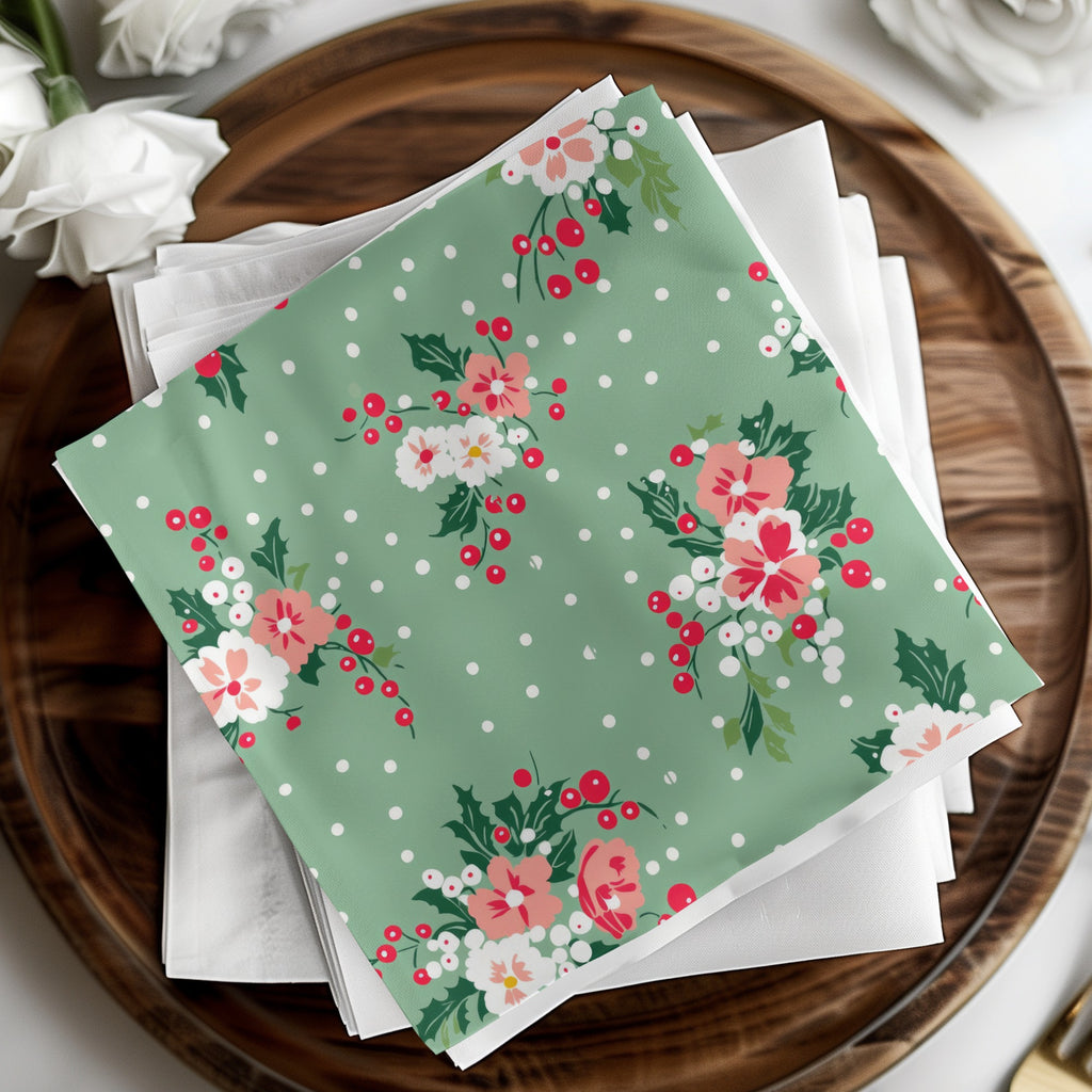 Festive Red and White Floral Design Green Napkin