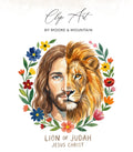 Jesus Christ's face split with a lion's face, surrounded by flowers.