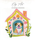 Whimsical doghouse clip art with a happy dog inside, by Moore & Mountain.