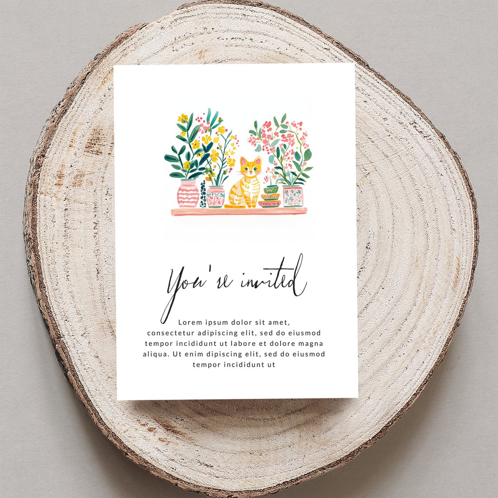 Invitation card with "You're invited" text and potted plants above placeholder text.