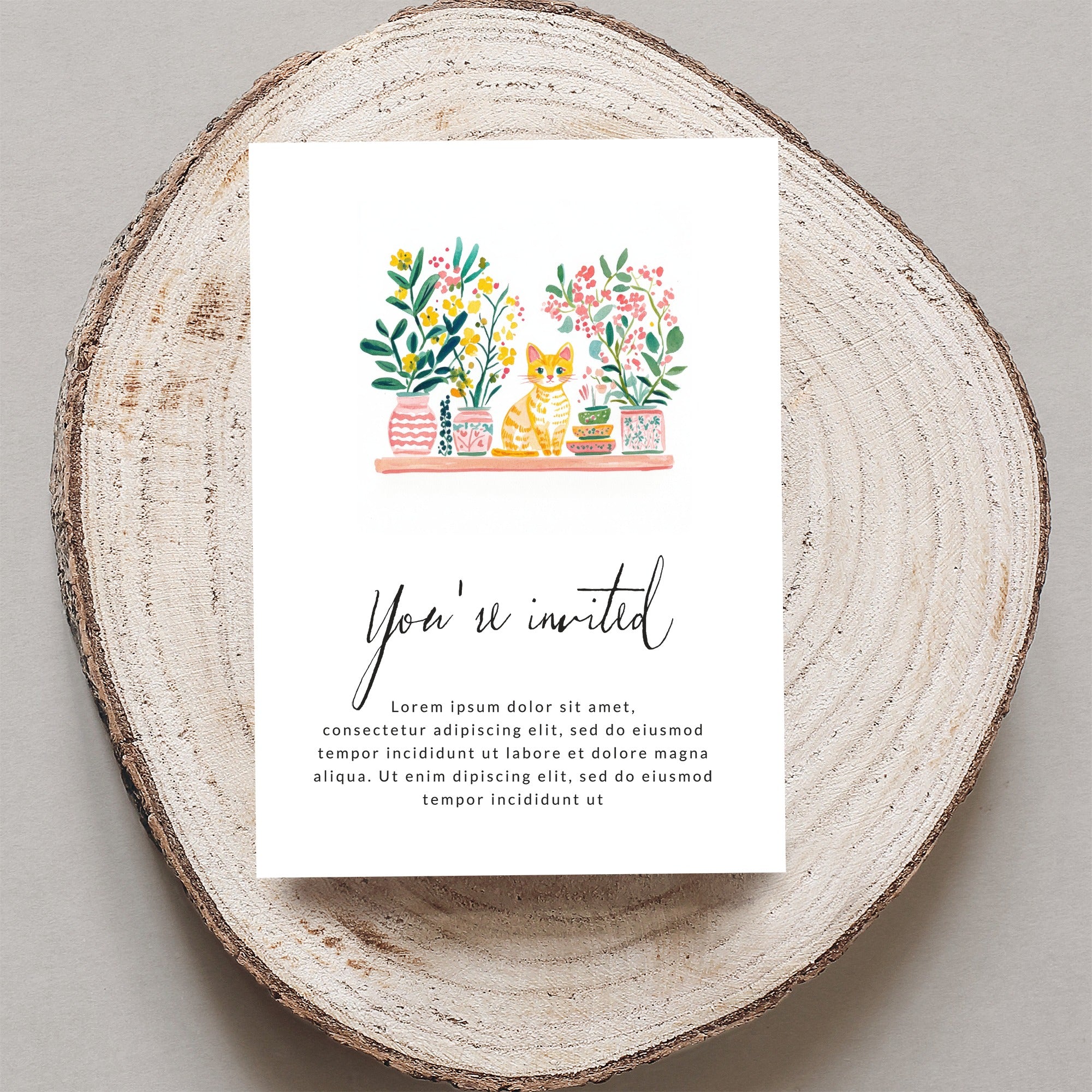 Invitation card with "You're invited" text and potted plants above placeholder text.
