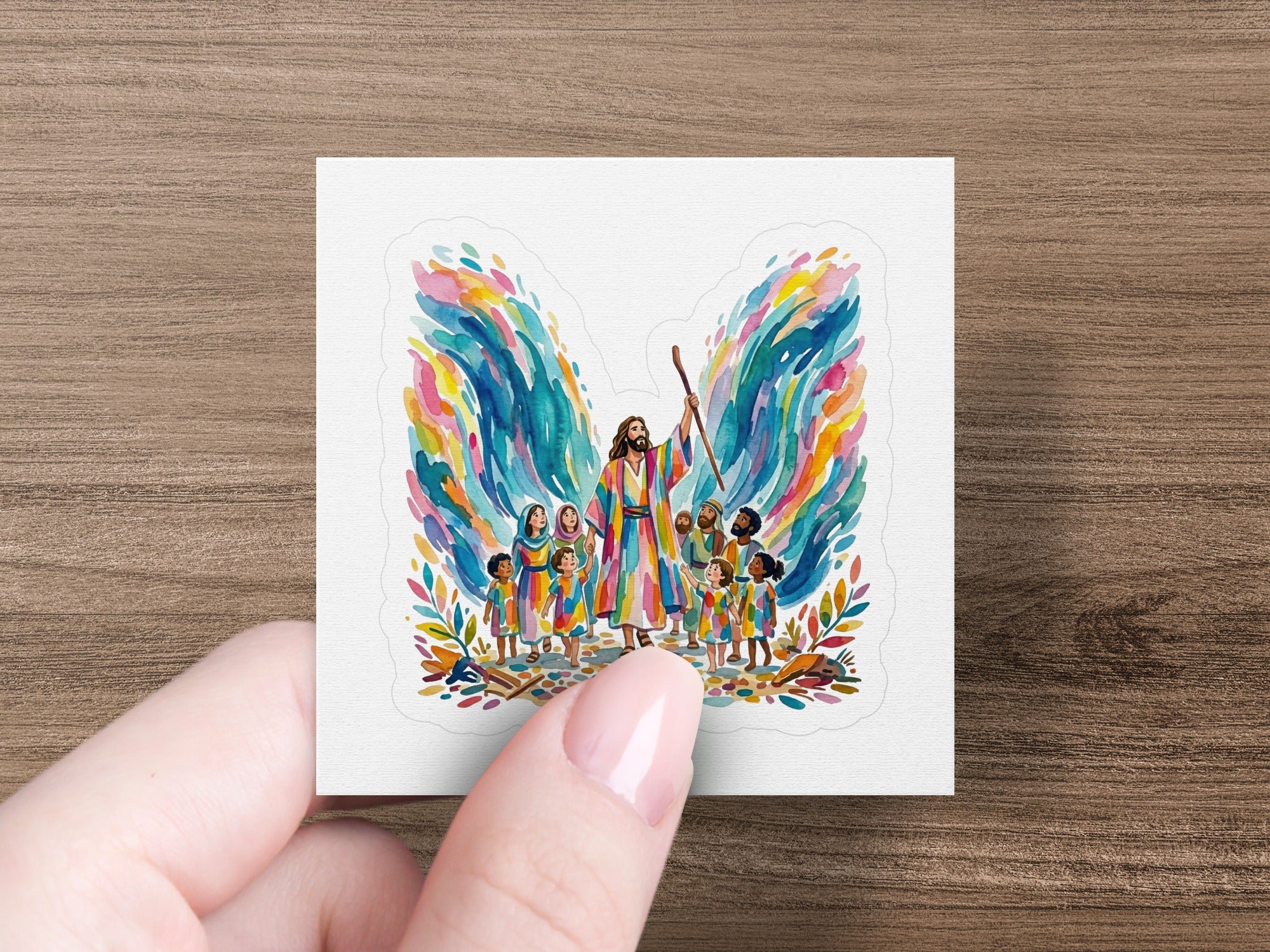Jesus with children, hands raised, colorful rainbow wings behind them.