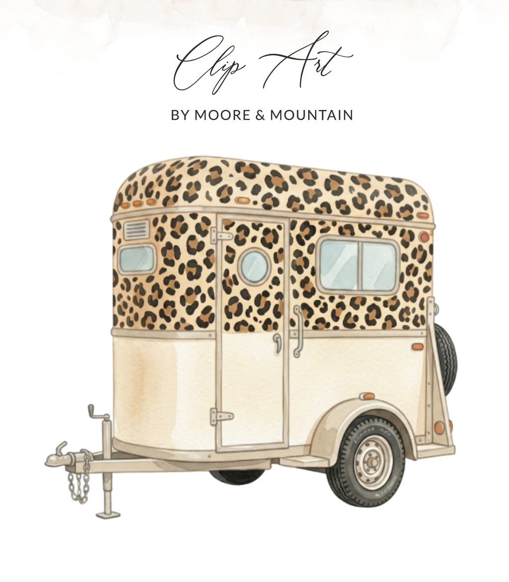 Leopard print and cream trailer with "Clip Art" text.