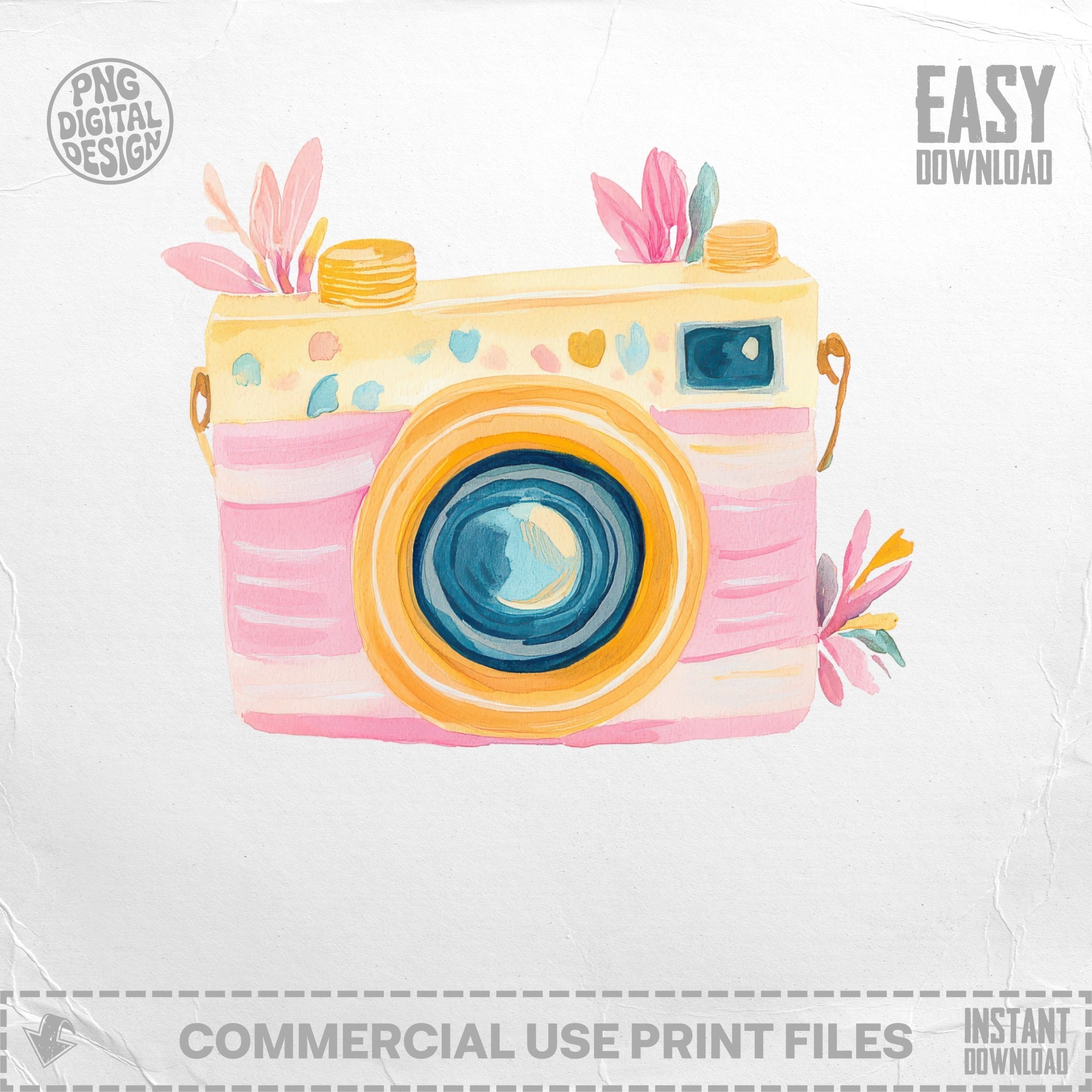 Watercolor illustration of a pink and yellow vintage camera with flowers.