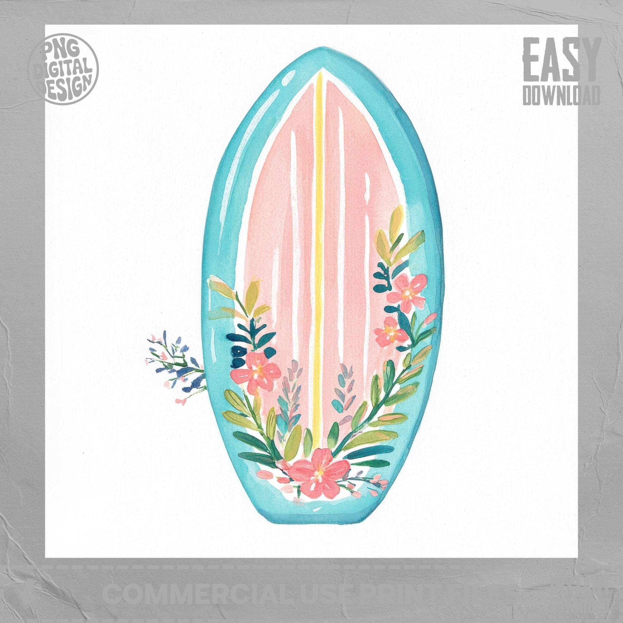 Blue surfboard with pink floral design and "Easy Download" text.