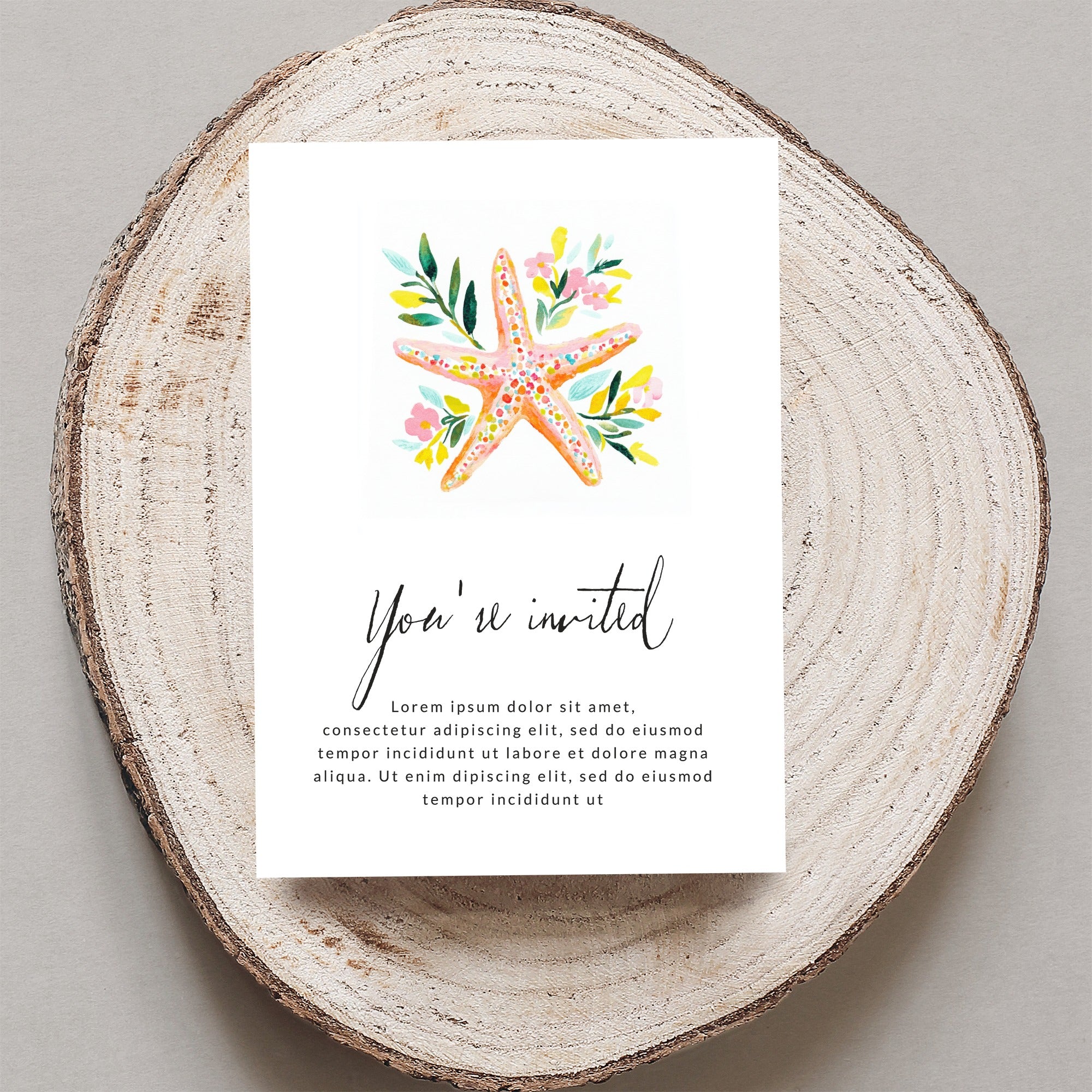 Invitation card with starfish design and "You're invited" text.