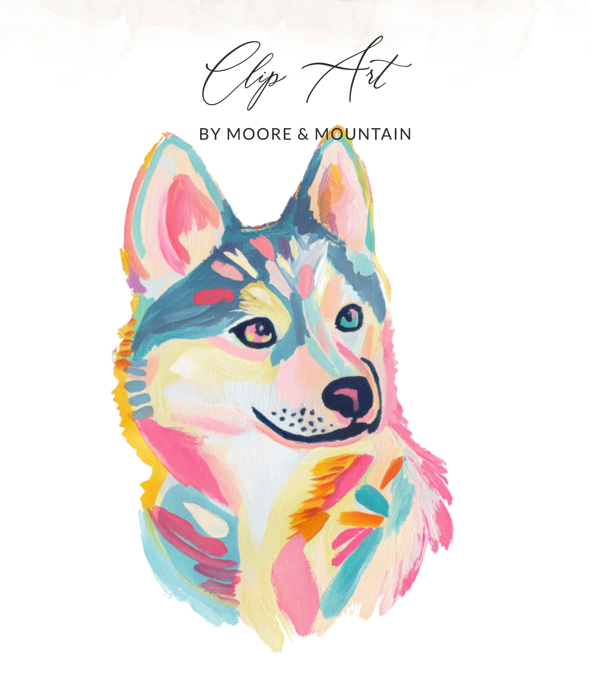Abstract watercolor portrait of a husky dog's head with colorful brushstrokes.