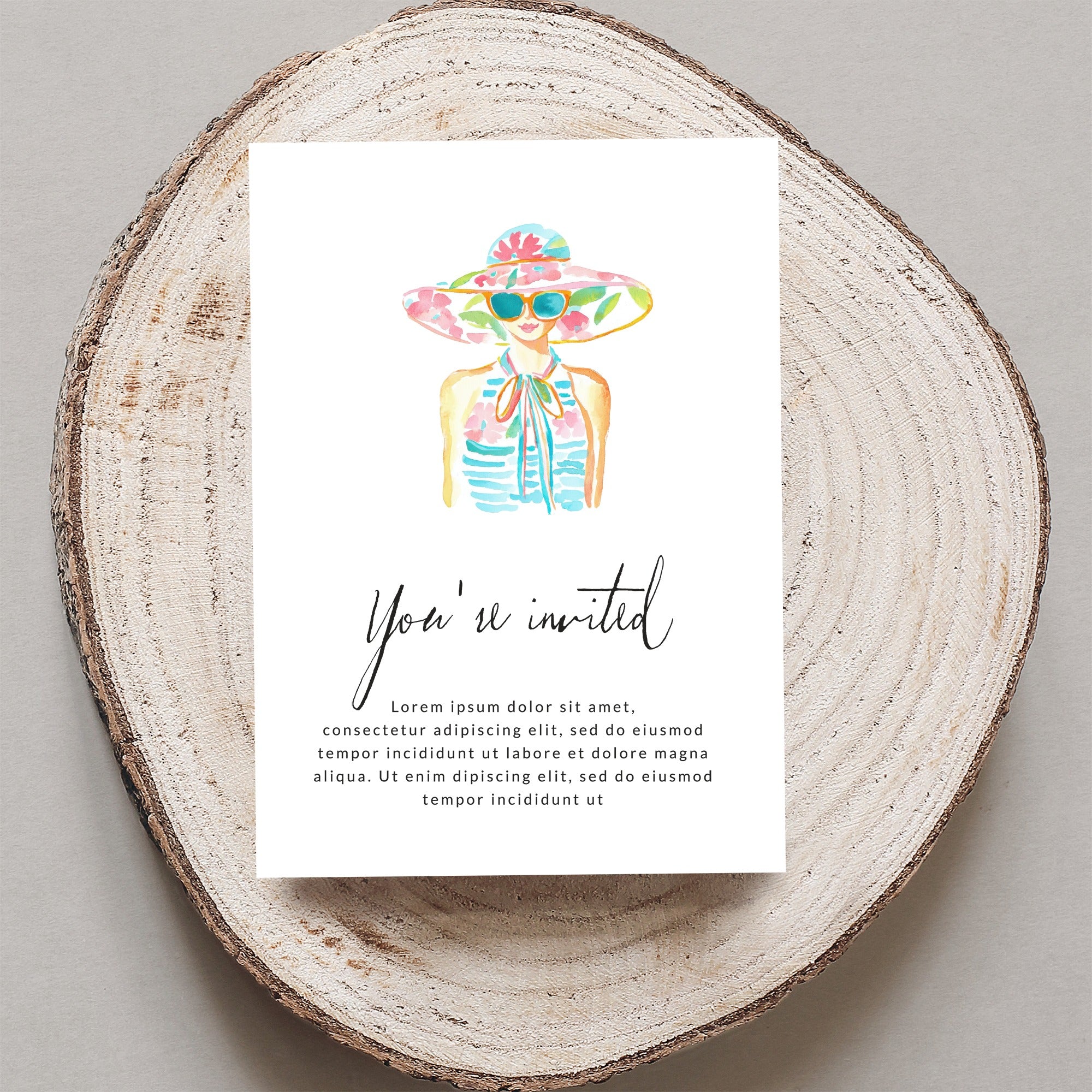 Invitation with watercolor woman and placeholder text.