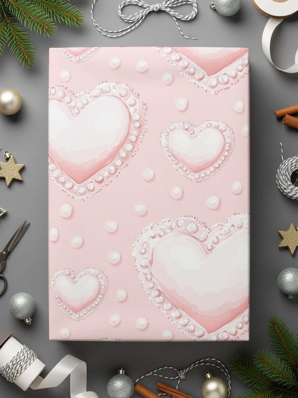 Pink Heart Pearl Design Detailed Gift Wrapping Paper