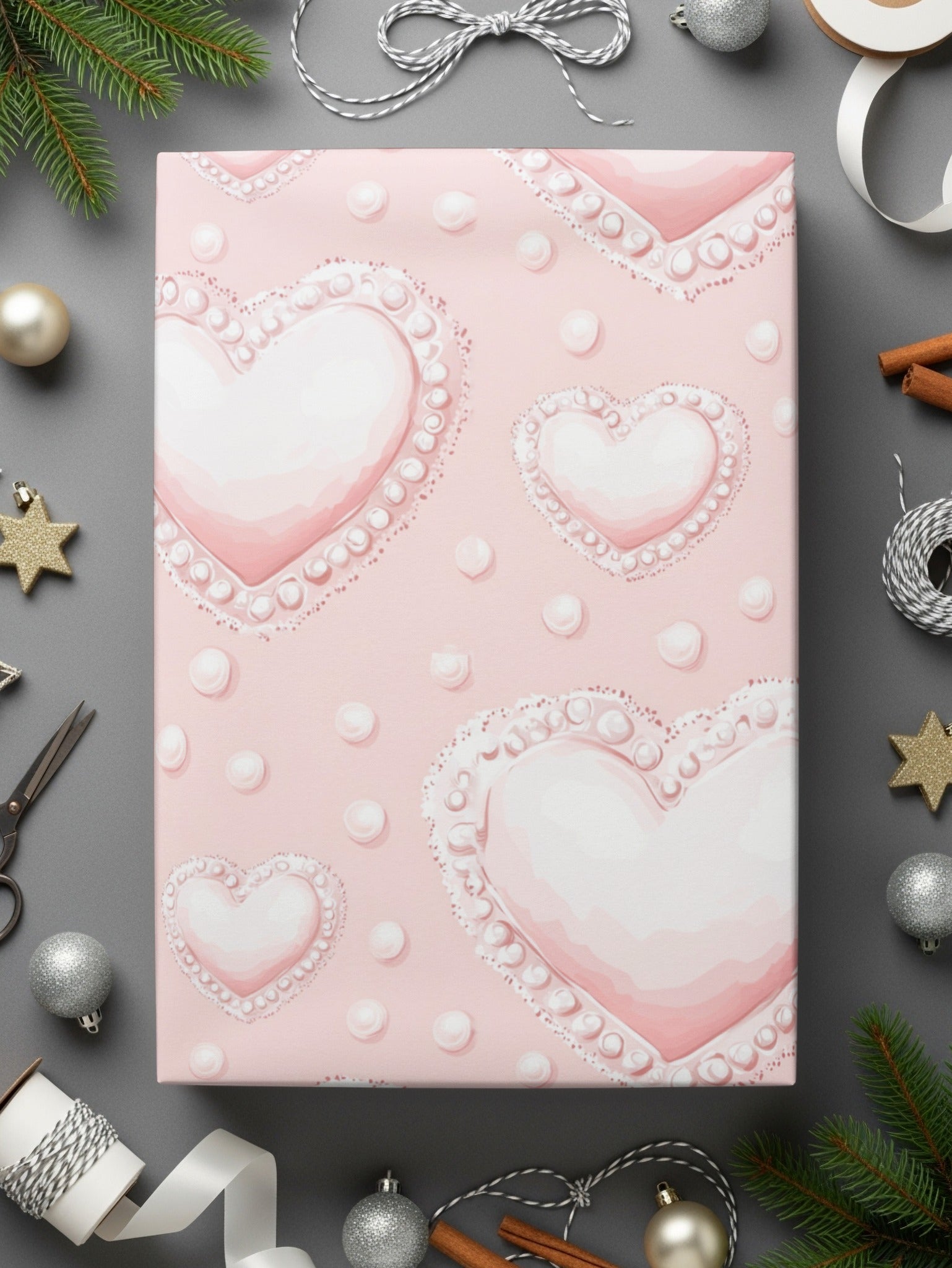 Pink Heart Pearl Design Detailed Gift Wrapping Paper