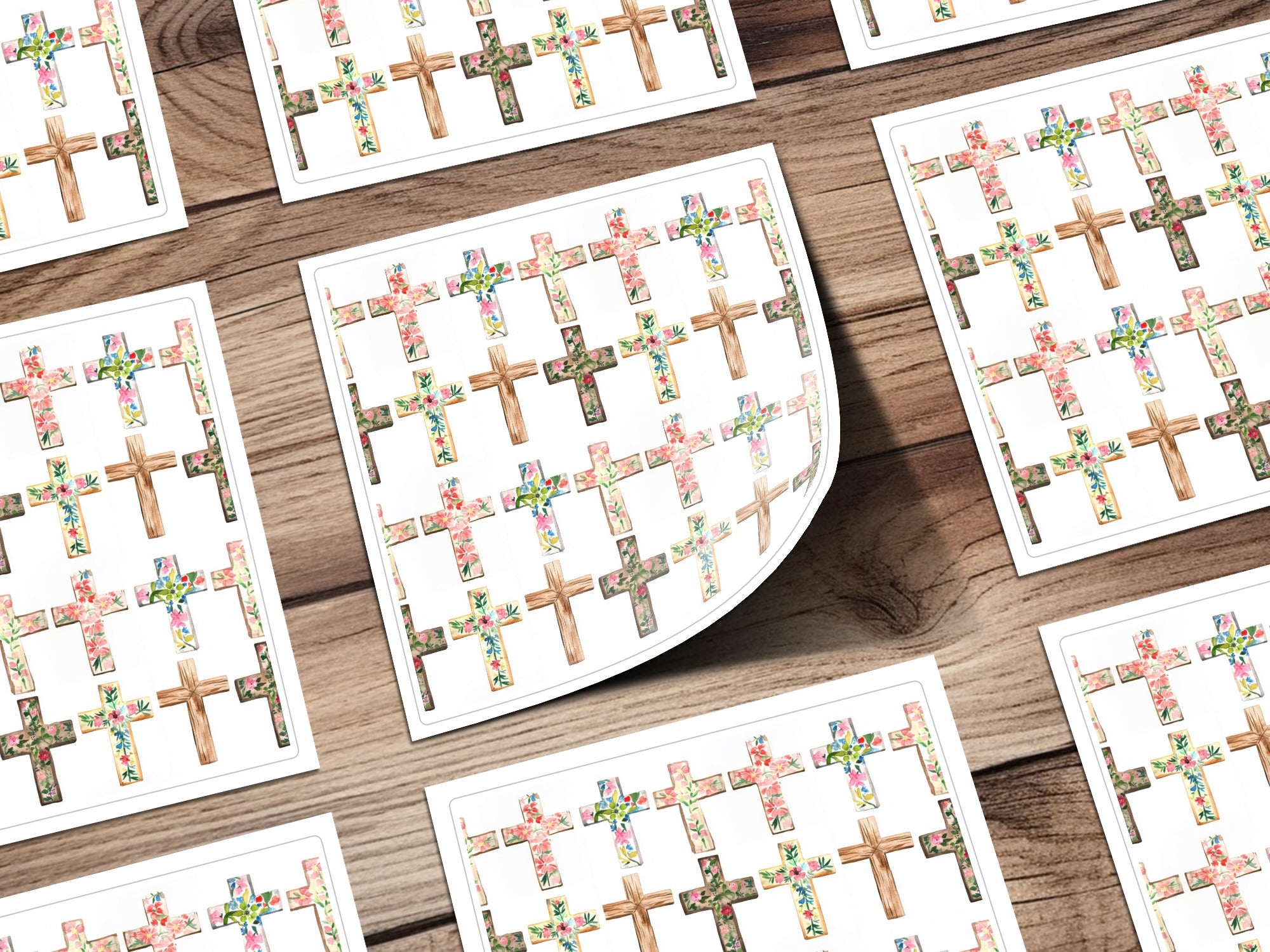 Floral and Wooden Pattern Cross Stickers Sheet