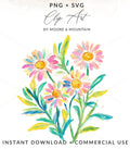Watercolor daisies with colorful petals and green leaves.