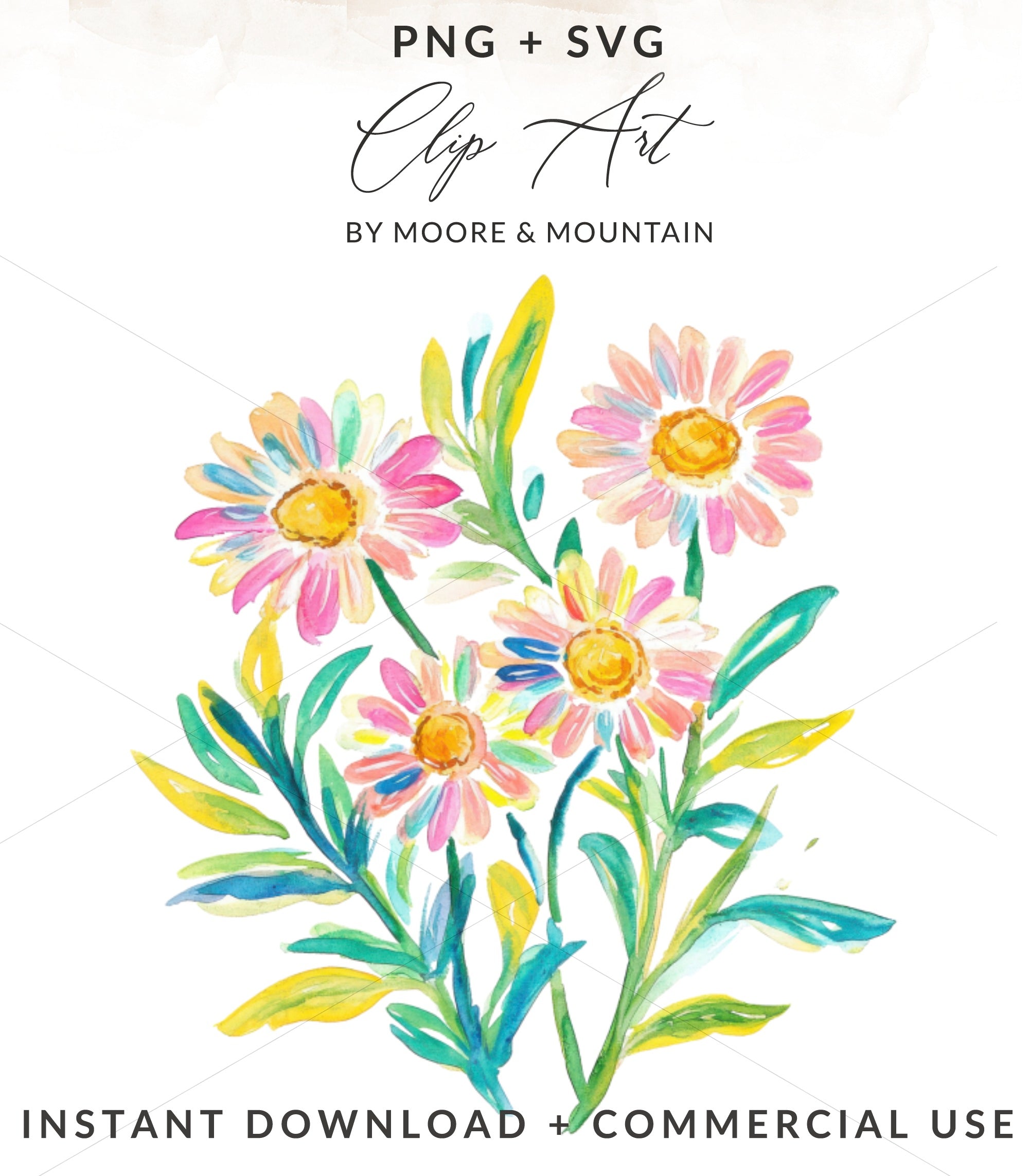 Watercolor daisies with colorful petals and green leaves.