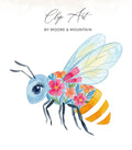 Watercolor bee with floral body and striped abdomen.