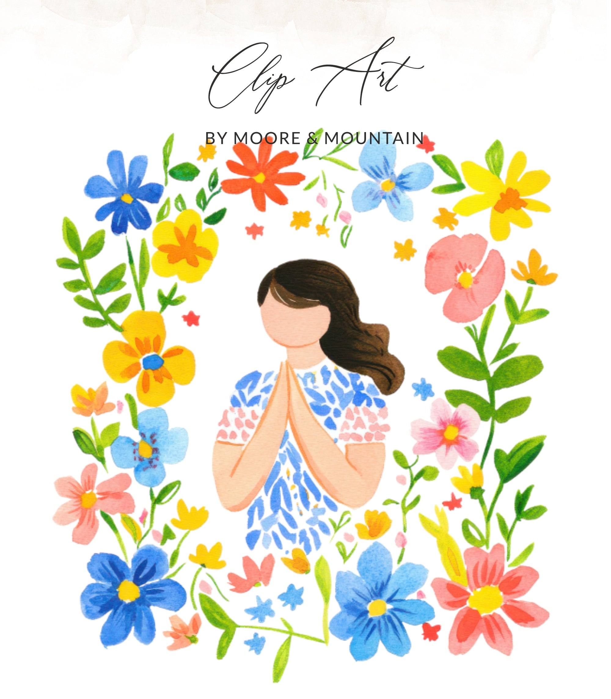 Illustration of a woman with hands pressed together surrounded by colorful flowers.