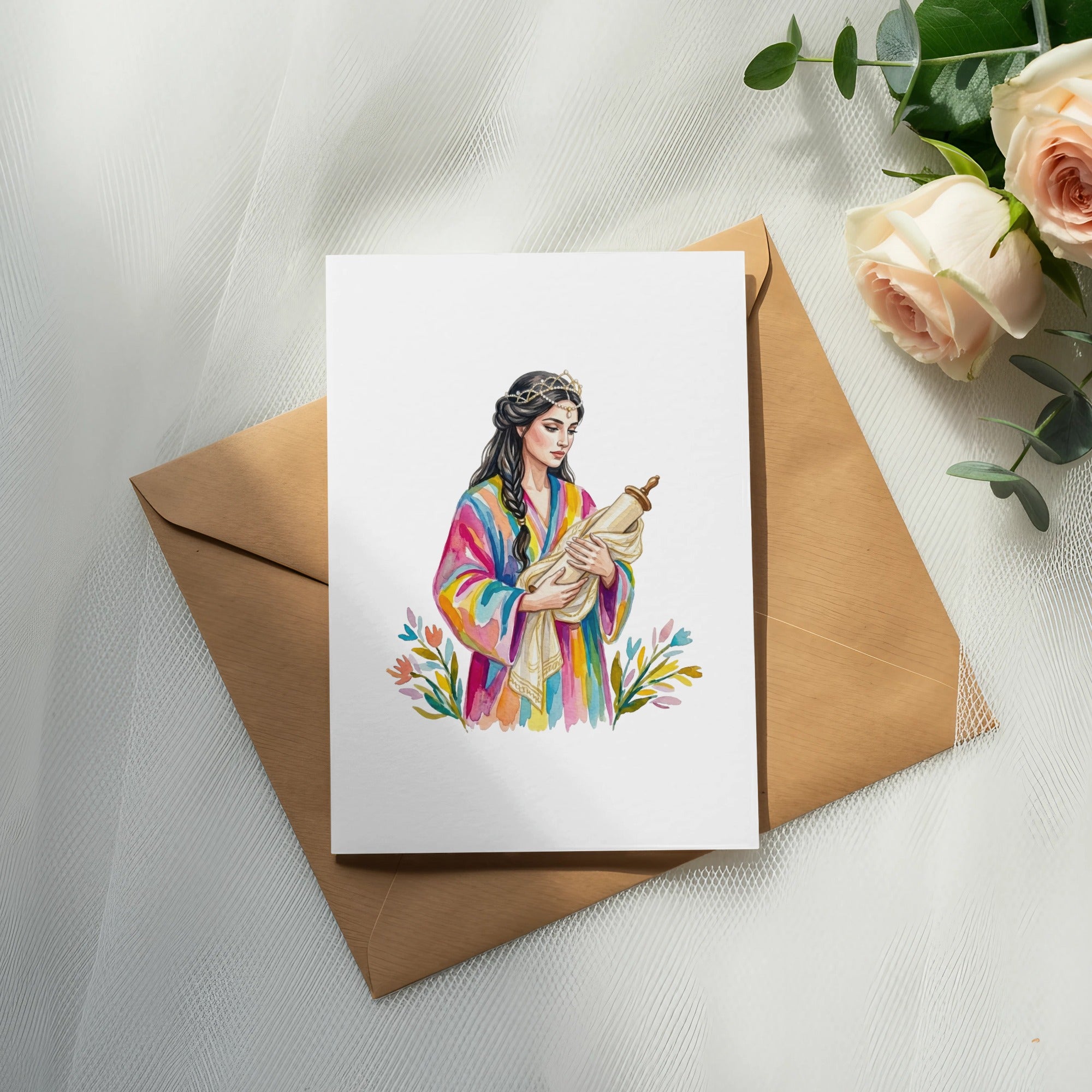 Woman with a crown holding a scroll, watercolor illustration on a card.