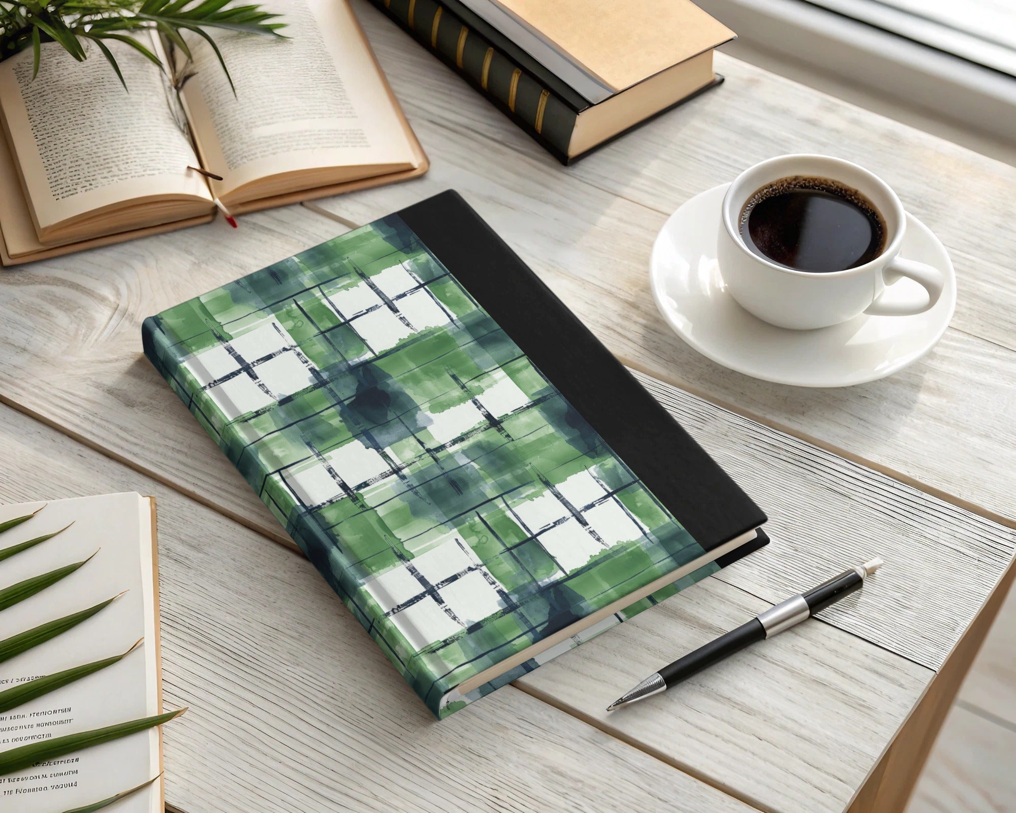 Green and White Plaid Hardcover Journal Notebook