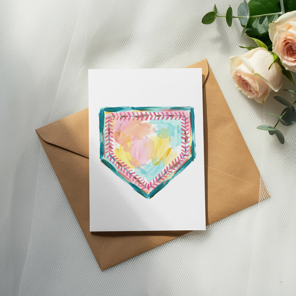 Watercolor baseball home plate on card with envelope and roses.