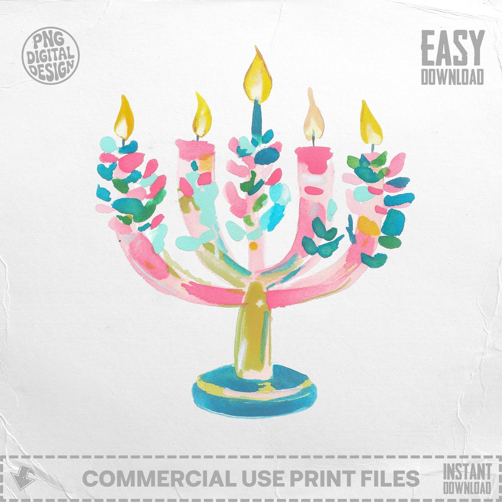Watercolor menorah with pastel brushstrokes and five lit candles.