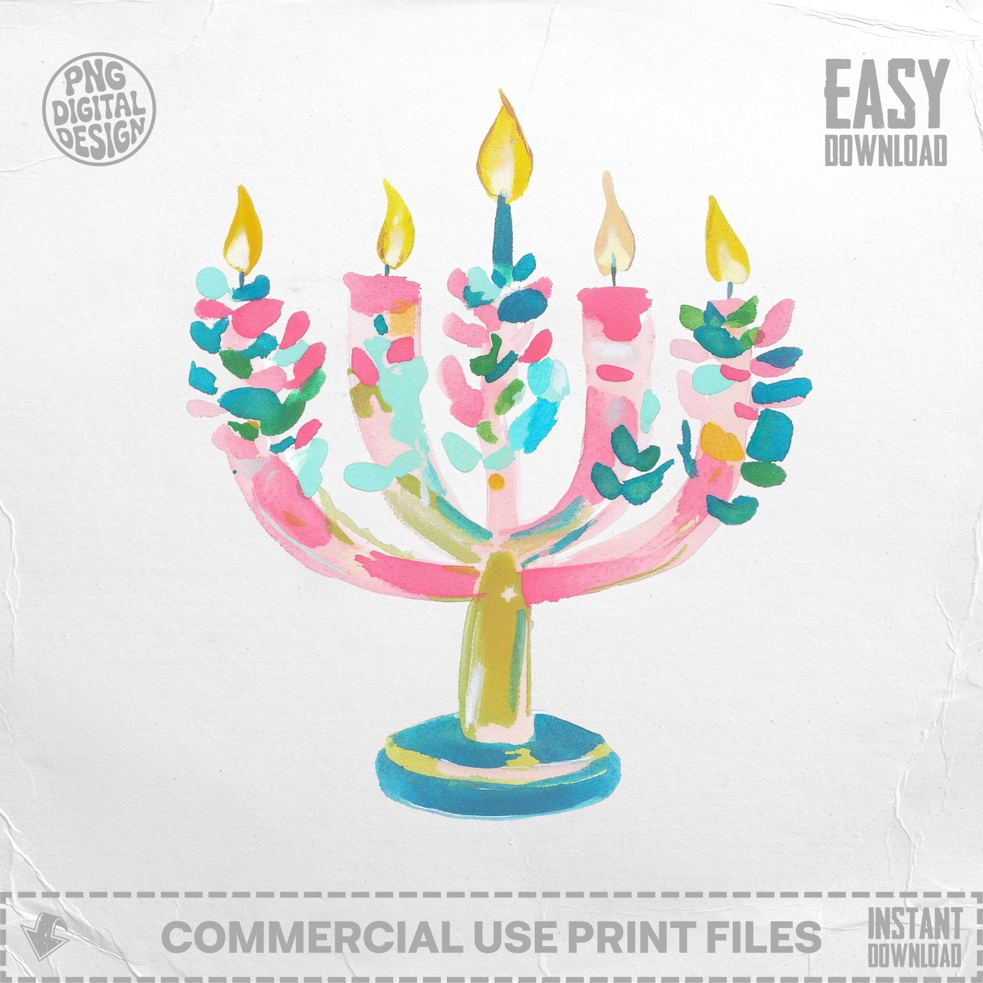 Watercolor menorah with pastel brushstrokes and five lit candles.