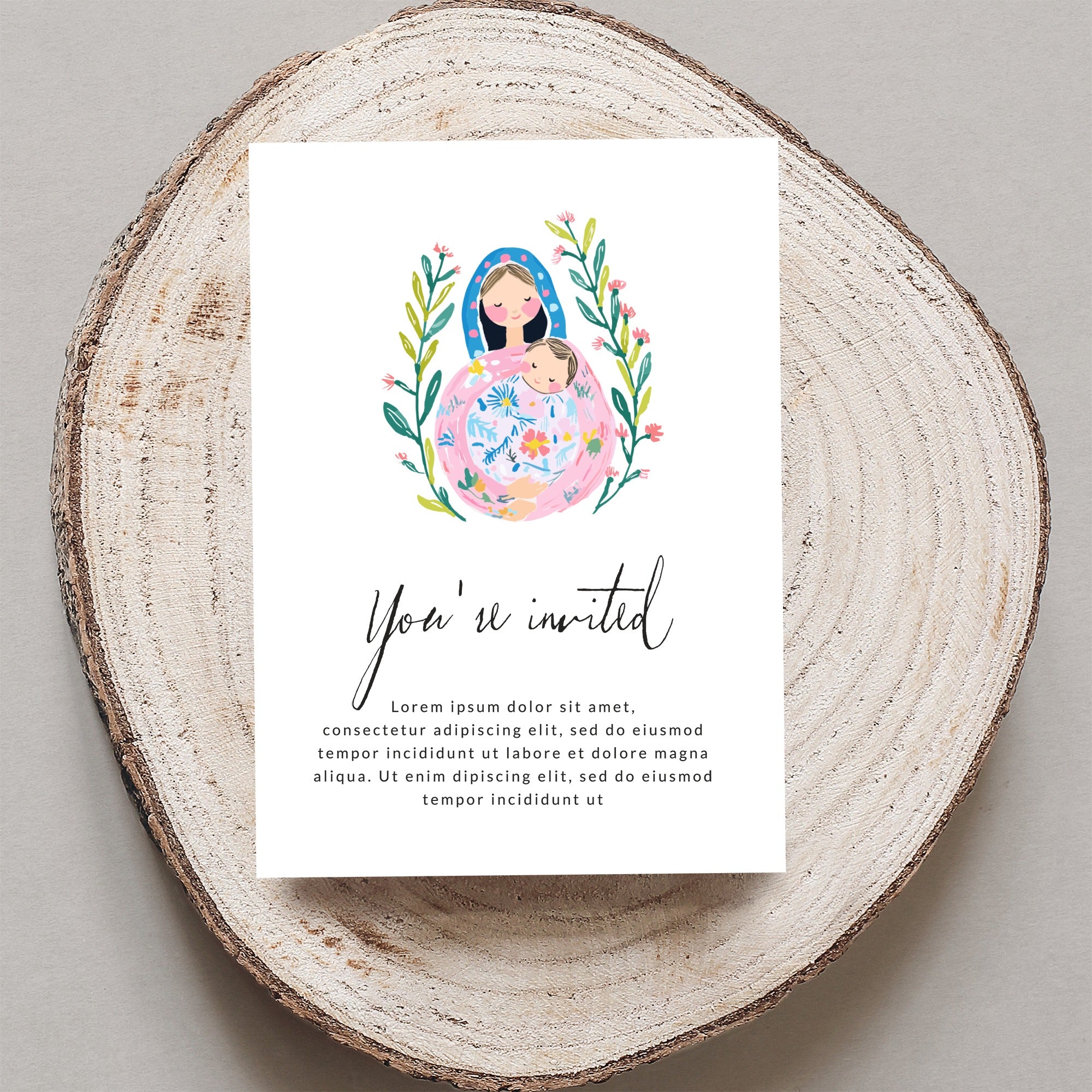 Invitation card with floral design and text "You're invited".