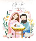 Nativity scene with Mary, Joseph, baby Jesus, and two sheep.