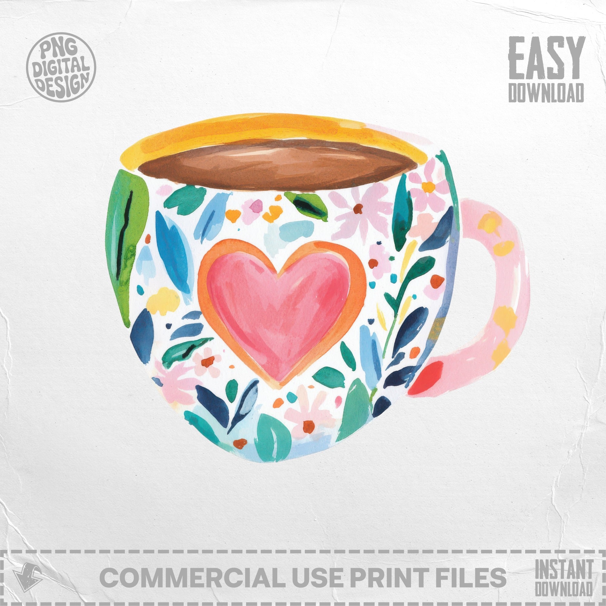 Mug with pink heart and floral watercolor design.