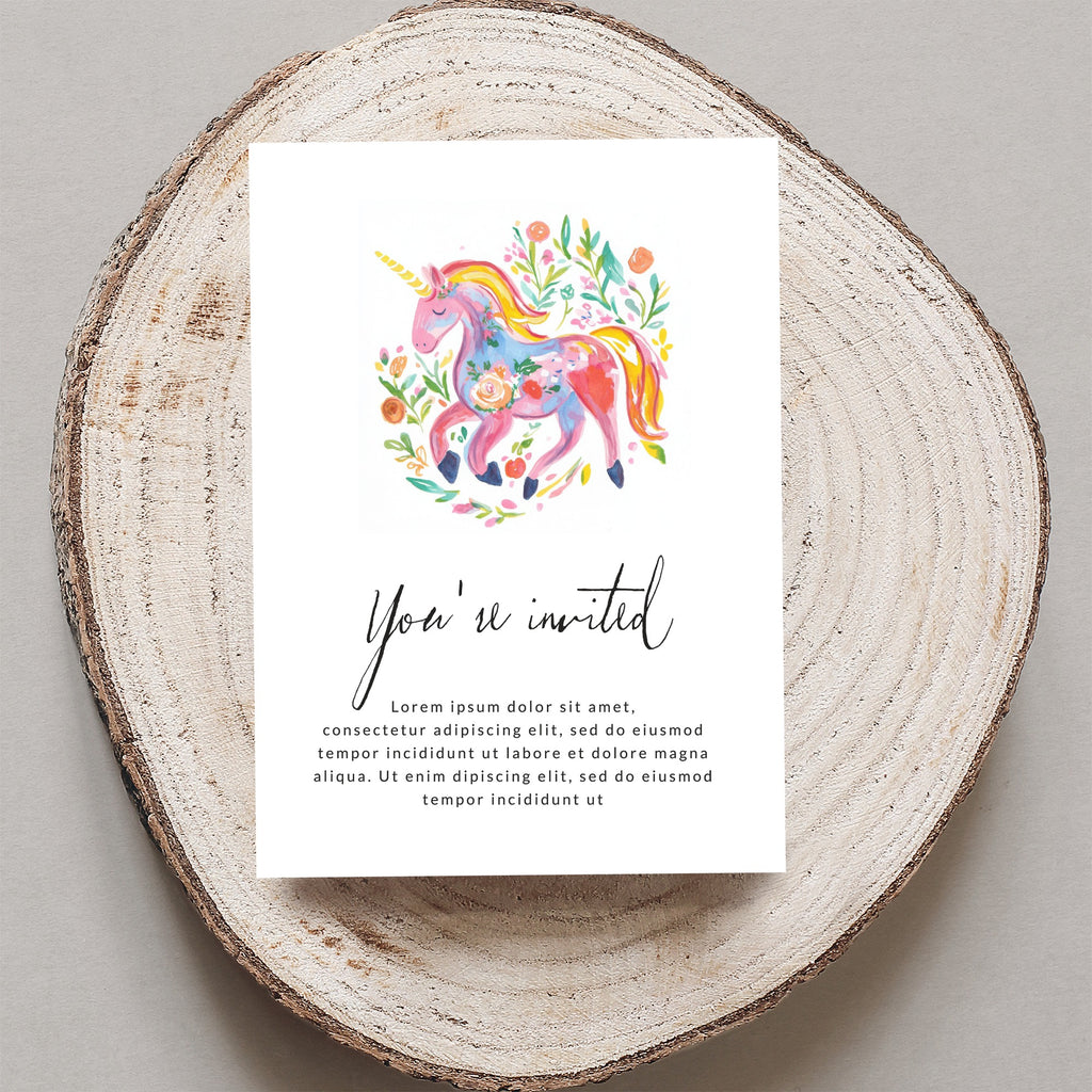 Invitation card with unicorn illustration and placeholder text.