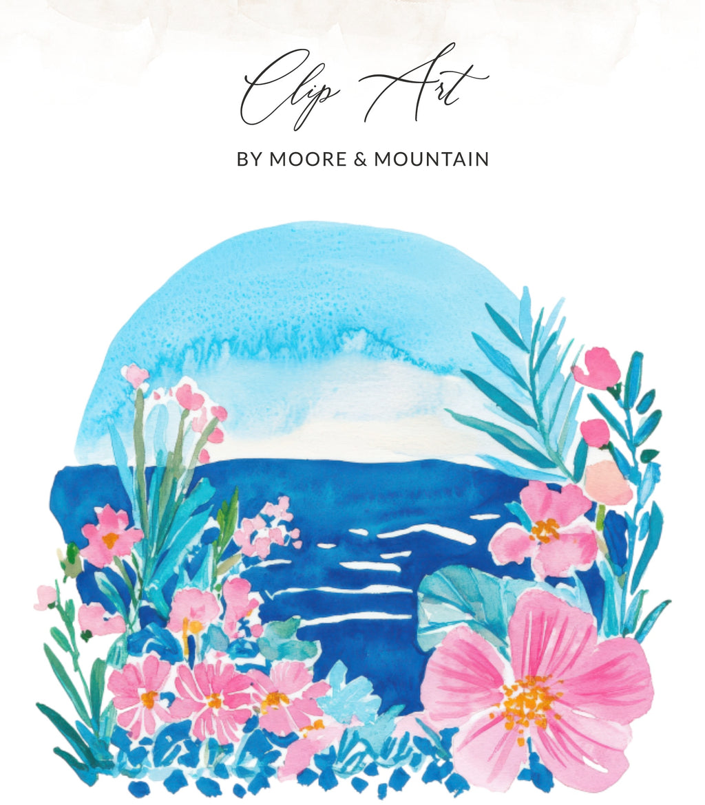 Watercolor landscape with flowers and text "Clip Art by Moore & Mountain".