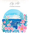Watercolor landscape with flowers and text "Clip Art by Moore & Mountain".