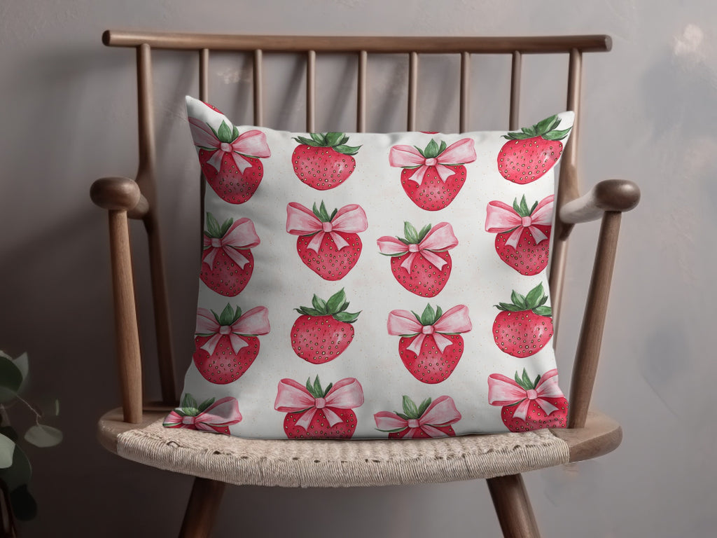 Strawberry Print Throw Pillow with Pink Bows