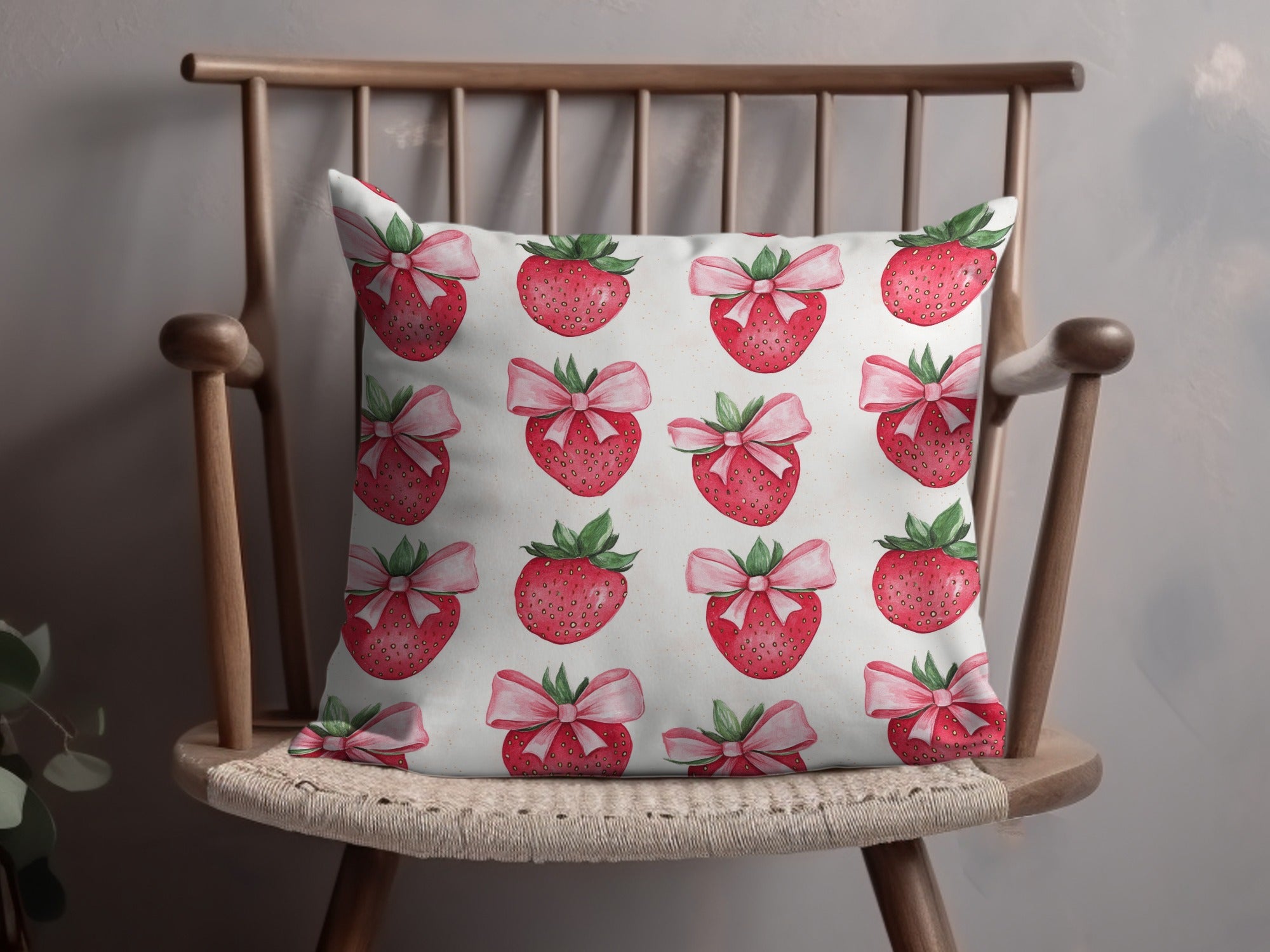 Strawberry Print Throw Pillow with Pink Bows