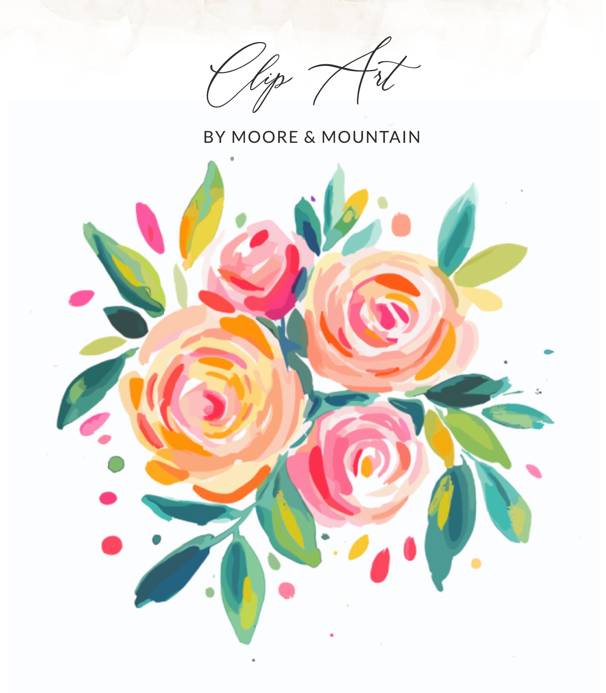 Watercolor floral bouquet with "Clip Art BY MOORE & MOUNTAIN" text.