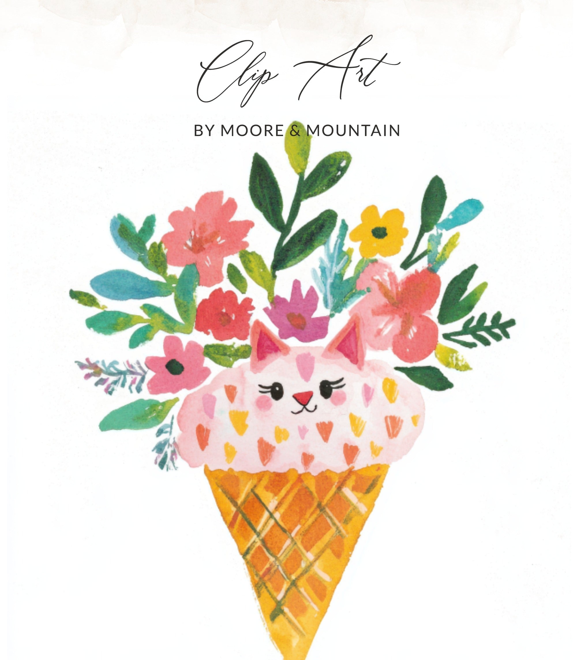 Watercolor ice cream cone with a cat face, holding a bouquet of flowers.