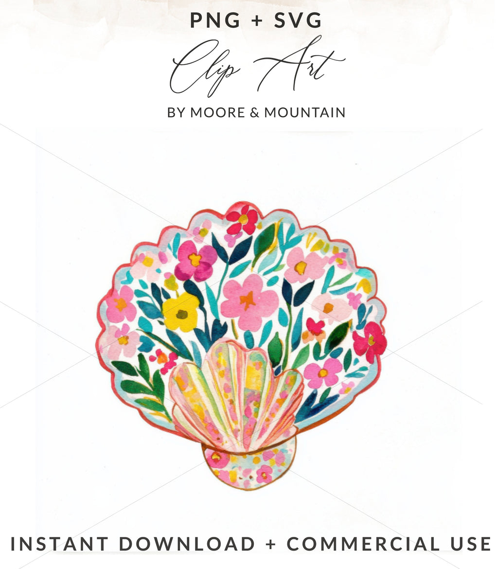 Watercolor seashell filled with colorful flowers and leaves.
