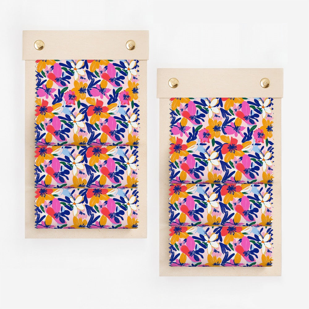 Two fabric swatch displays with a colorful floral pattern.