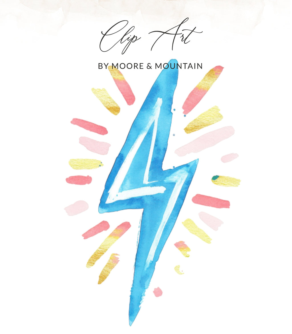 Blue watercolor lightning bolt with pink and gold streaks.
