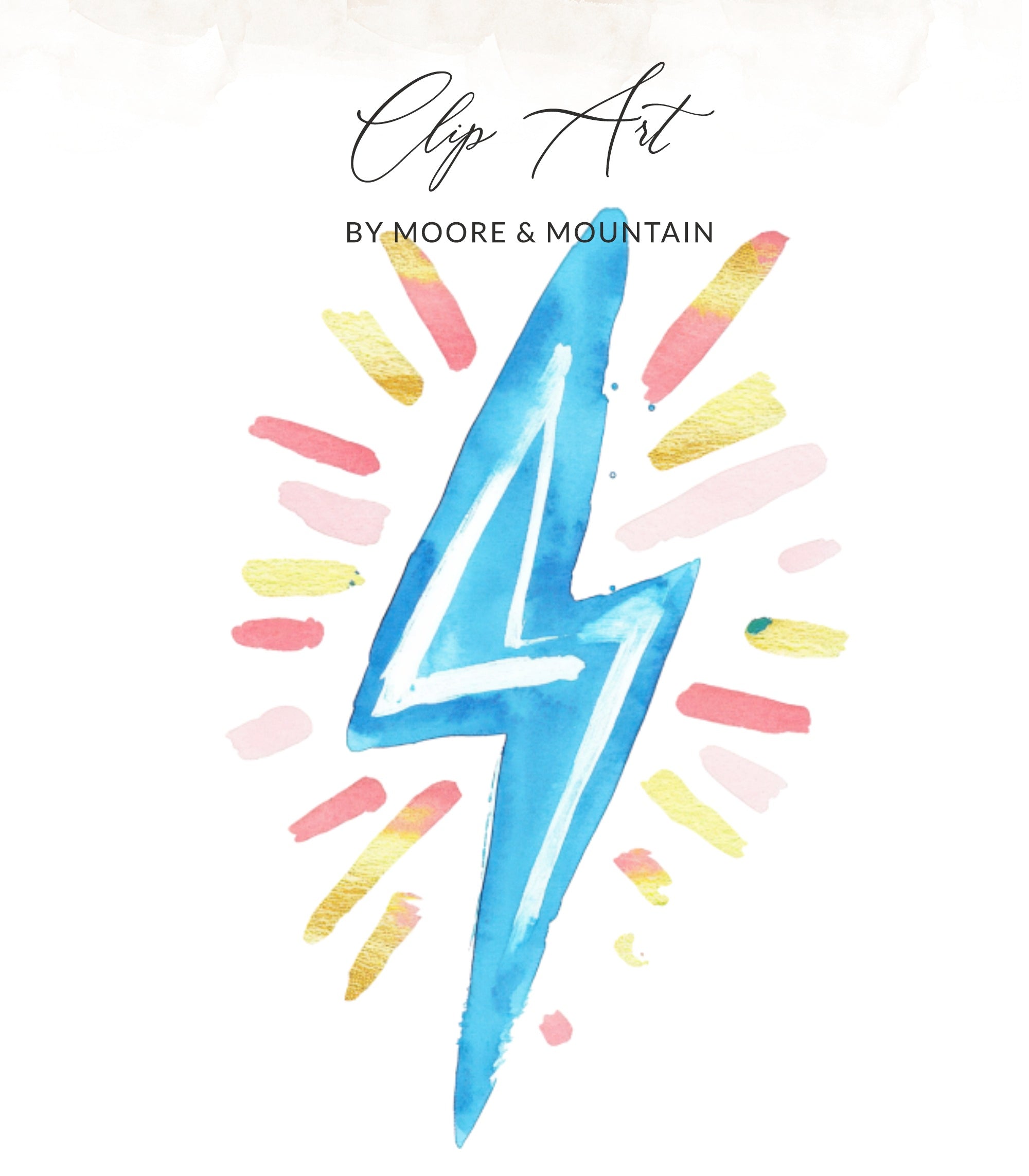 Blue watercolor lightning bolt with pink and gold streaks.