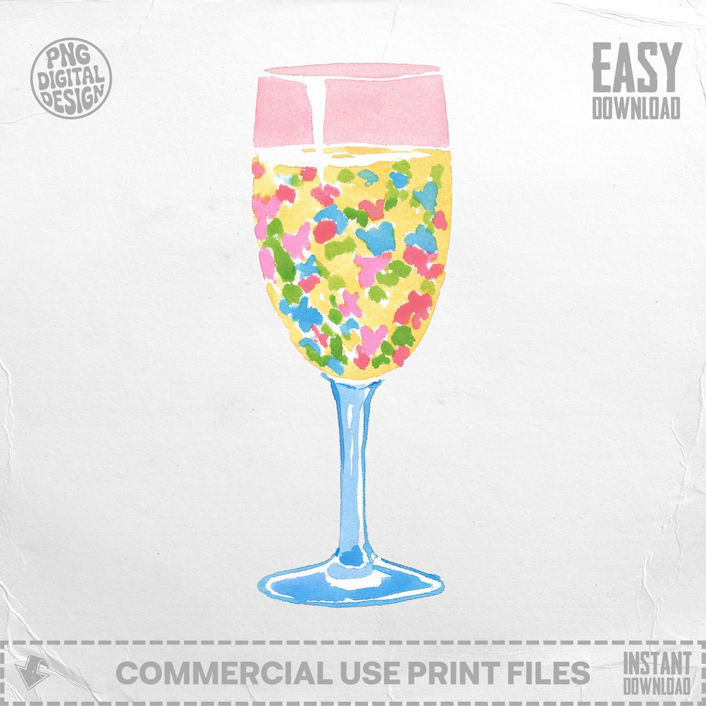 Champagne glass filled with colorful sprinkles on a white background.
