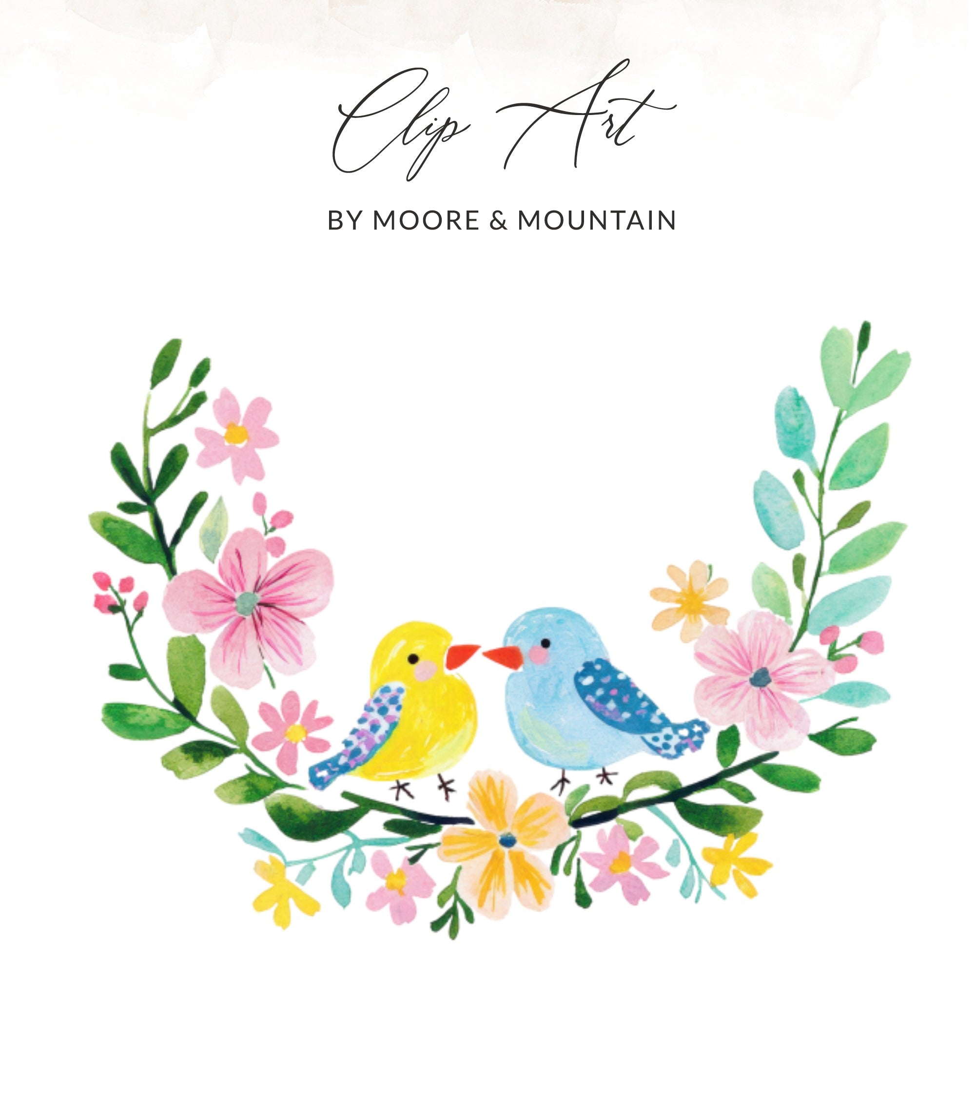 Two birds on a floral branch with "Clip Art" text above.