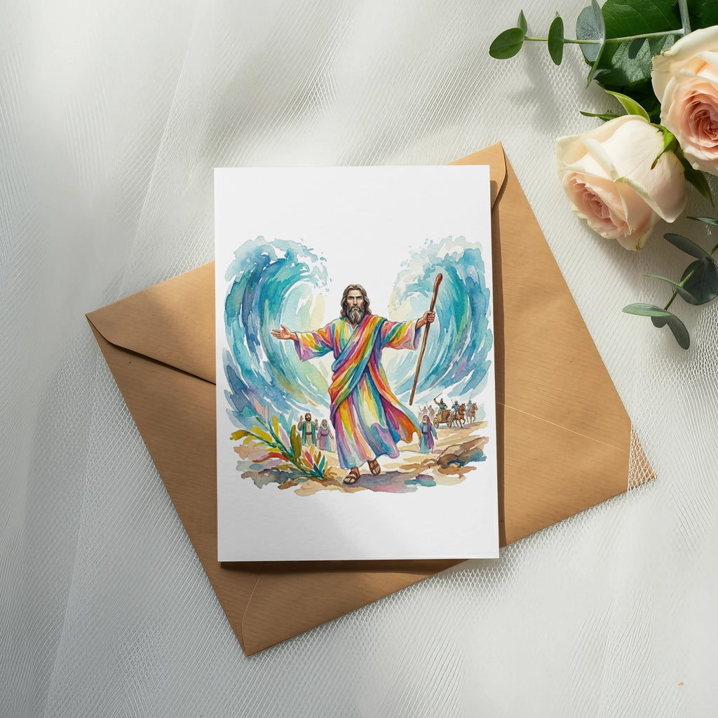 Moses parting the Red Sea with rainbow robe, with a brown envelope and roses.