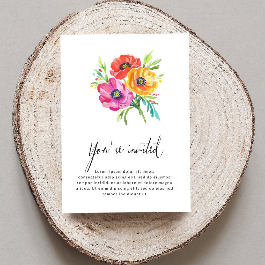 Invitation card with "You're invited" and floral illustration, text below.